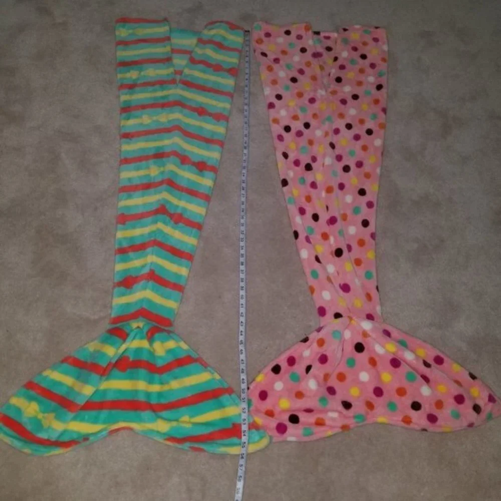 2 Mermaid Tail Blankets Pink Polka Dots Green Fleece Child Girl Small Handmade